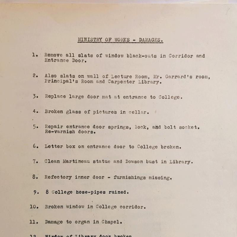 A typed list detailing damage to premises