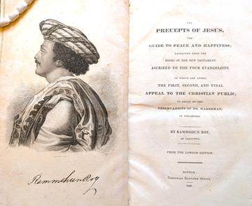 The cover pages of Roy's Precepts of Jesus with a etching of Roy in profile.